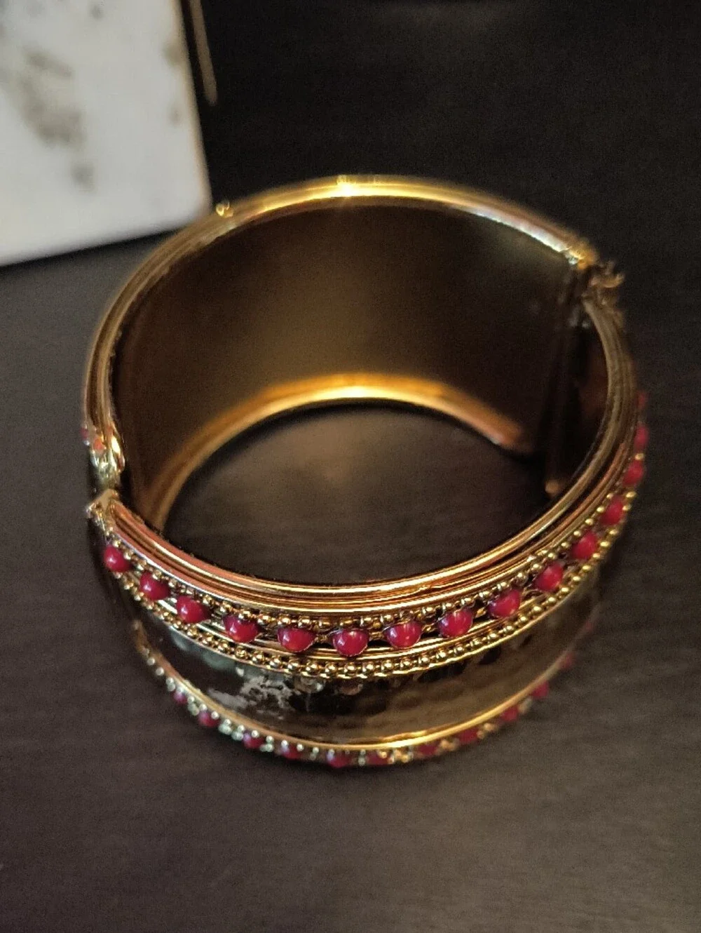 Vintage Gold-Tone Cuff Bracelet with Red Bead Accent